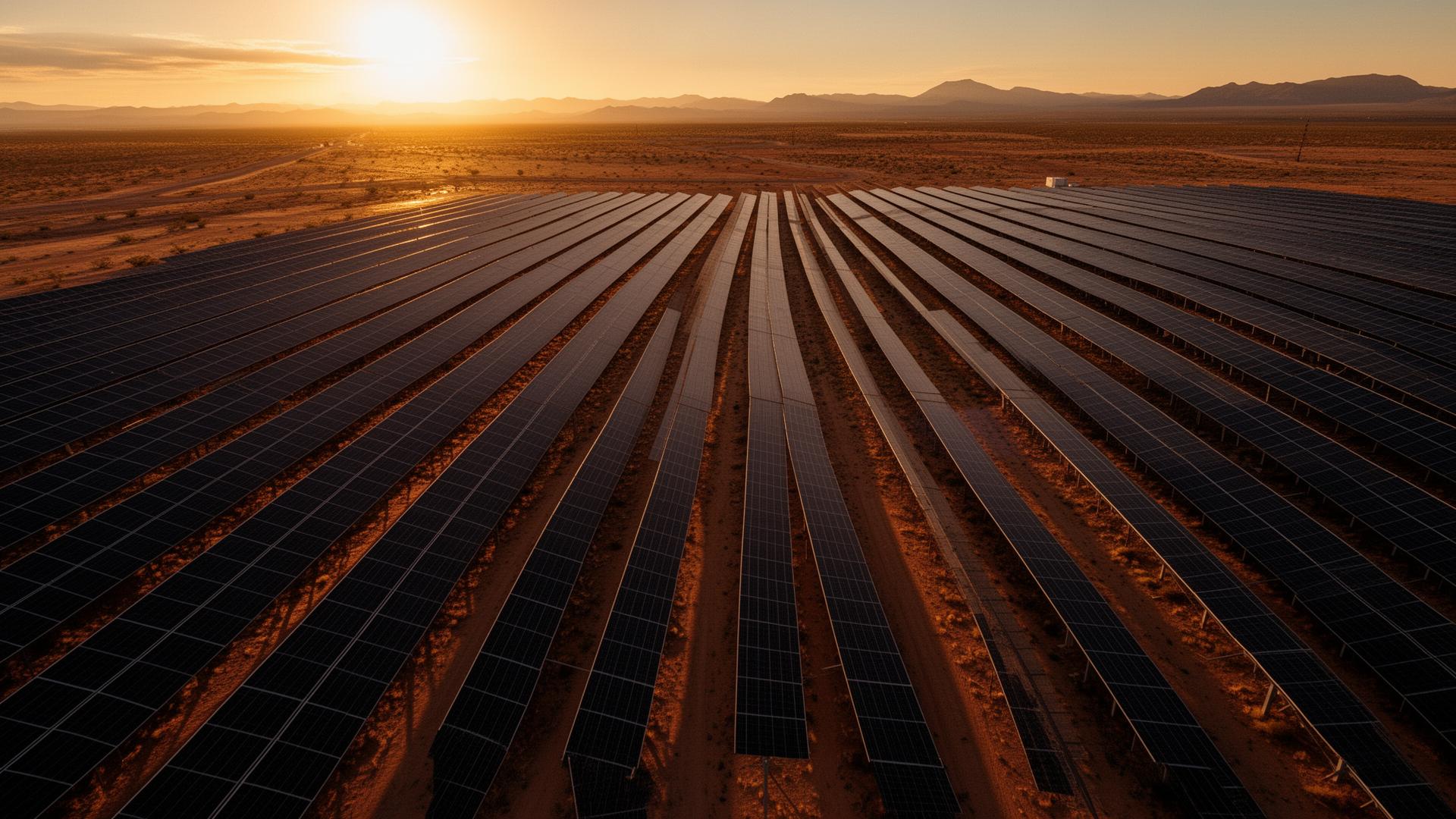 Utility-scale solar field at sunset